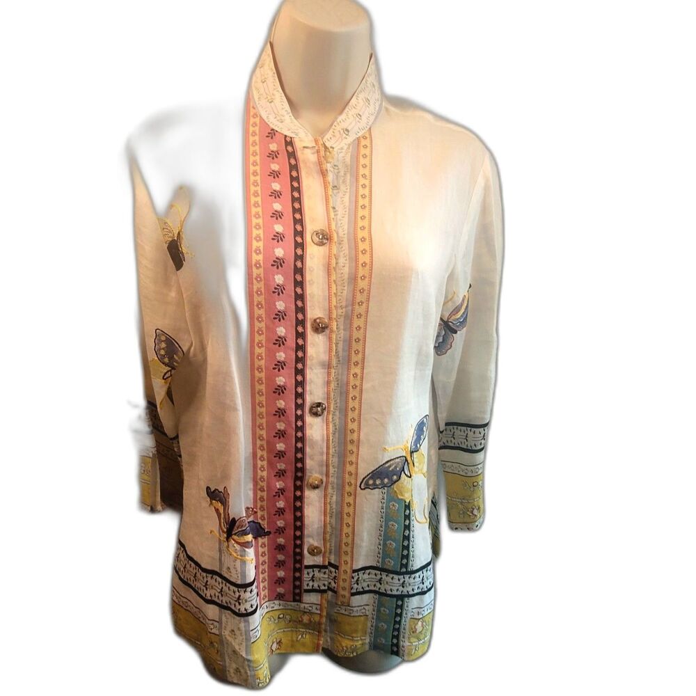 CITRON Butterfly Embroidered Tunic - SMALL - Unique Floral Buttertfly- Ramie Lin